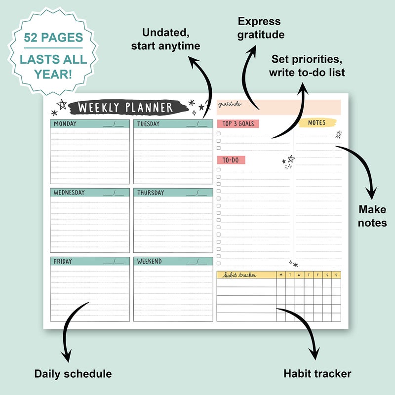 Carousel Greetings Weekly Planner Pad, 52 Letter Size Tear Off Sheets, 8.5    x 11    Undated Calendar Weekly Desk Planner Notepad, Daily Schedule Priorities To Do List for Week (Style 4) - Image 4